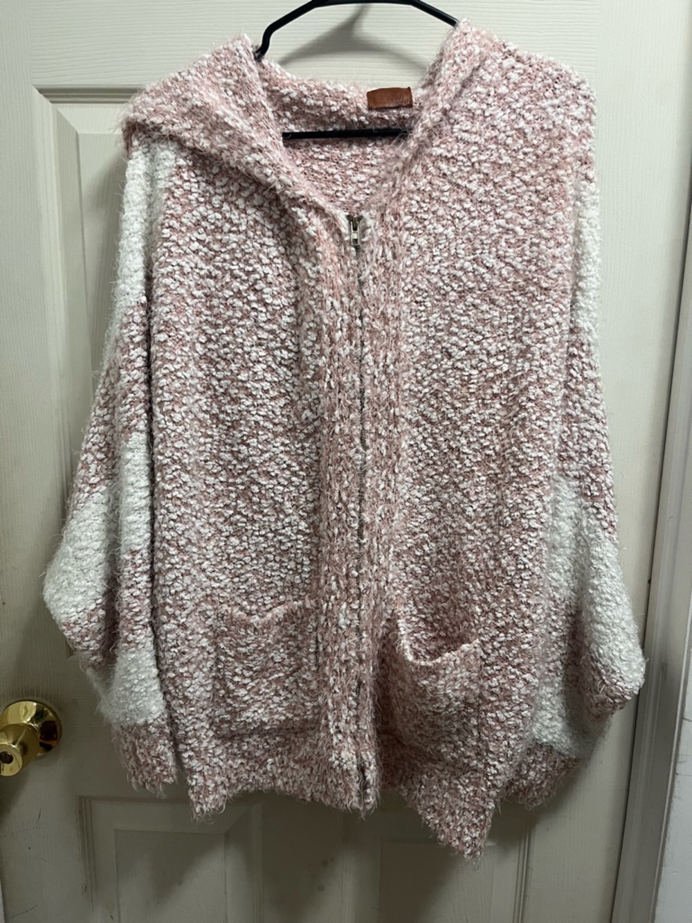 Cozy Hooded Zip Sweater Cardigan - Pink & White